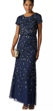 Adrianna Papell Beaded Boat Neck Blouson Gown, Sz 18, New, No Missing Beads,navy