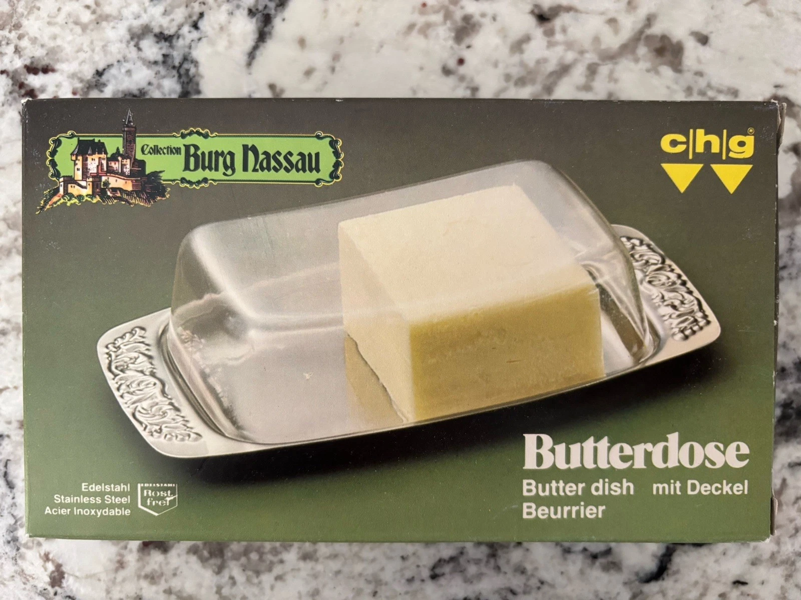 VTG CHG Butter Dish Germany Butterdose mit Deckel Stainless & Acrylic West 8703