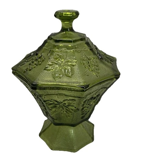 Vintage Green Glass Candy Dish Leaves and Grapes w/ Lid Anchor Hocking