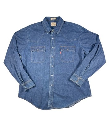 Vintage Levis Western Pearl Snap Denim Shirt 100% Cotton Workwear Punk Rock
