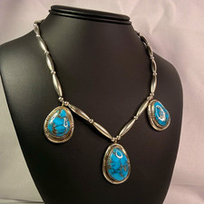 Vintage HT Sterling Silver Turquoise 3 Stone Statement Necklace 18”