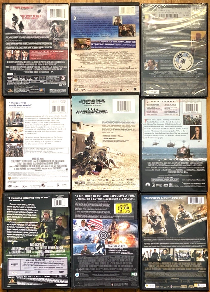 Lot of 9 Movies DVD Military-Related Full Metal Jacket, Apocalypse Now, Platoon - Image 2 of 4