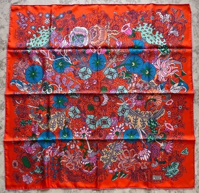 HERMES Carre 90 Silk scarf Cache Cache Fleuri Red,Orange,Multi-color No Box