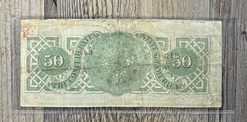 1863 $50 T 57 Confederate Paper Money, Red Tree of Life Stamp, Red Serial Number - Image 4 of 4