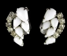 Vintage Silver Tone Milk Glass Teardrop & Crystal Clip On Earrings
