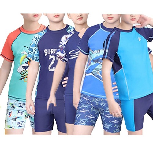 Kids Boys Print Swimsuit 3Pcs Chilrd Top Trunks Swim Hat Swimwear Rash Guard Set - Picture 1 of 38