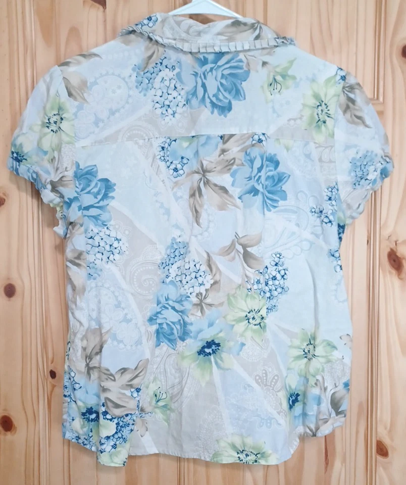 Blusa Caribbean Joe feminina floral mistura de linho tamanho XL botão de babado havaiano - Imagem 2 de 4