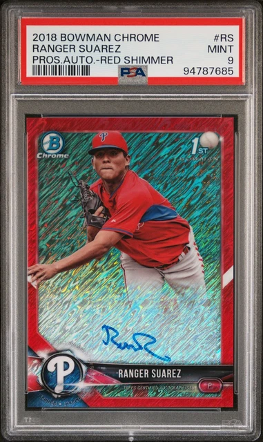 2018 Bowman Chrome 1st Prospect Rookie Ranger Suarez Red Shimmer Auto /5 PSA 9