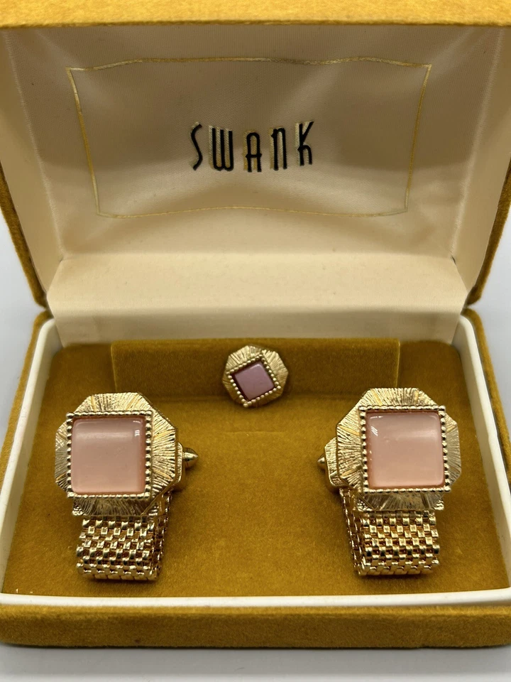 Gemelos y pasador de corbata de malla vintage Swank cuadrado ópalo tono dorado en caja original Foto 2 de 4