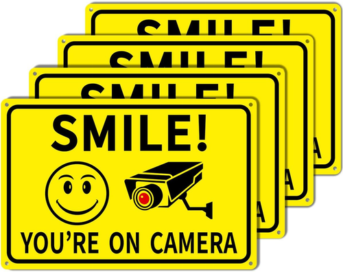 Smile You're on Camera Metal Sign, 8"x12" Reflective Security Sign for Home & Bu