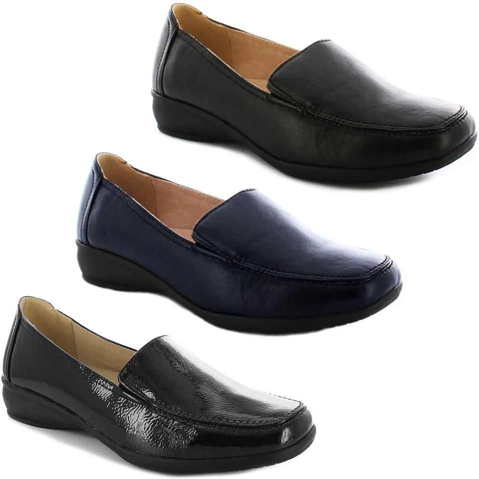 LADIES WOMEN WIDE FIT SHOES LOW WEDGE LEATHER LINING WORK MOCCASIN CASUAL LOAFER - Image 1 of 1
