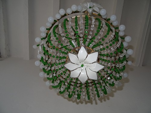 ~Lampadario impero bianco opalino anni '30 enormi fiori di Murano gocce perline verdi ~ - Foto 8 di 12