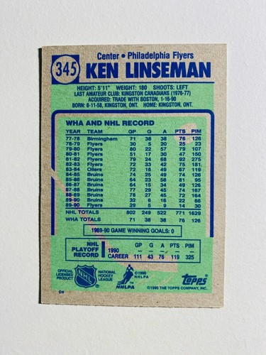1990 TOPPS #345 KEN LINSEMAN NM-MT NHL HOCKEY CARD - Picture 2 of 2