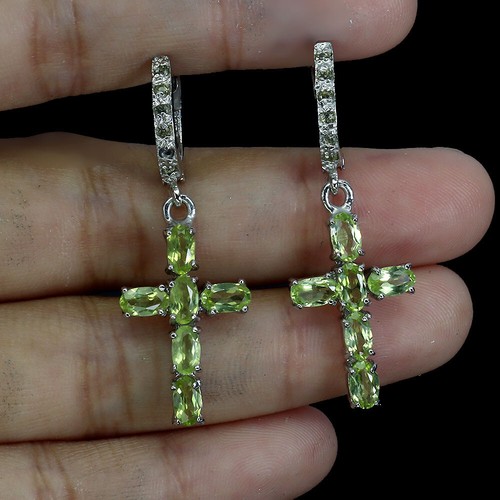 Summer 925 Silver Earrings Oval Peridot Sapphire Natural Gemstone Jewelry - Picture 2 of 14