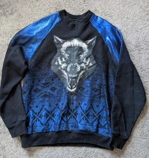STALL & DEAN MEN XL SWEATSHIRT WOLF FACE HEAD COTTON BLACK BLUE CREWNECK