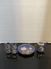 Cloisonne Enamel Vintage Chinese Teapot Tea Cup Brass Miniature Teaset 7 pc Lot