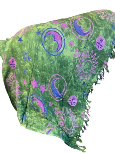 Celestial Print Green Purple Fringed Shawl Wrap Astrology Sun Moon 68" x 45"