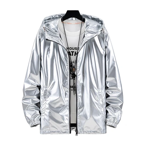 Herren glänzende Jacke Kapuze Mantel holografisch Harajuku Mode Top Freizeit - Bild 17 von 23