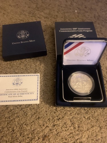 Proof Jamestown 400th Anniversary Commemorative Silver Dollar Coin COA - Picture 1 of 4
