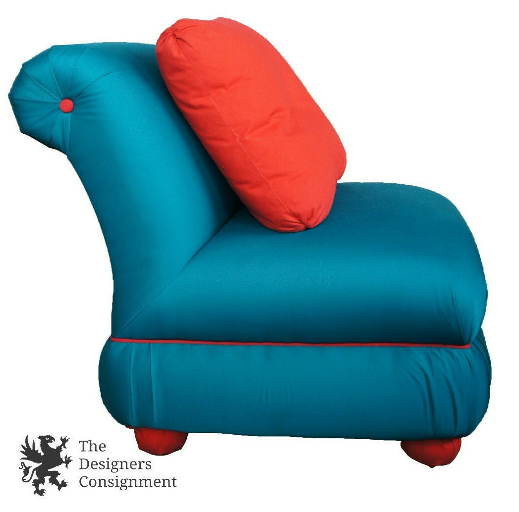 Post Modern Overstuffed Turquoise Blue Upholstered Slipper Chair