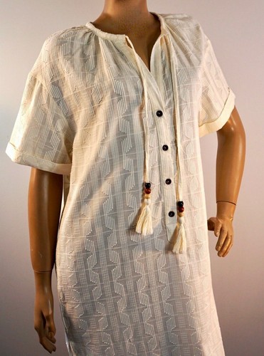 ZARA Dress Small Cream Cotton Embroidered Kaftan Tunic Bead Tassels Midi BNWT - Picture 5 of 21