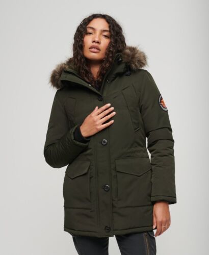 Superdry Womens Everest Faux Fur Hooded Parka Jacket, Abyss Khaki Green Quilted - Afbeelding 1 van 4
