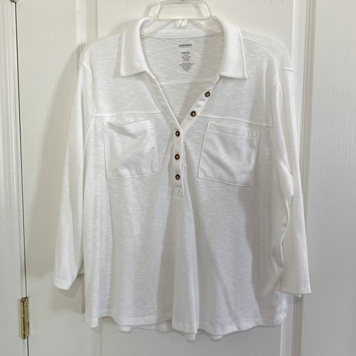 Sonoma 3/4 Arm Popover Oberteil V-Ausschnitt Tasche Strick Pullover weiß zierlich Gr. XXL
