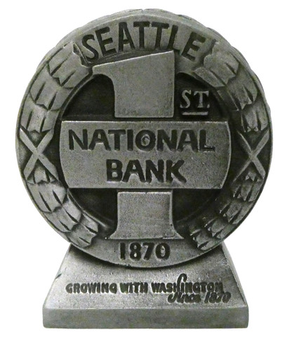 Vintage Seattle 1st National Bank 1870 Cast Metal Pewter Color Coin Bank 1974