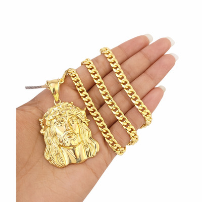 Real 10K Gold Miami Cuban Link Chain Christ Face Charm Set 5mm 26'' Necklace Mens