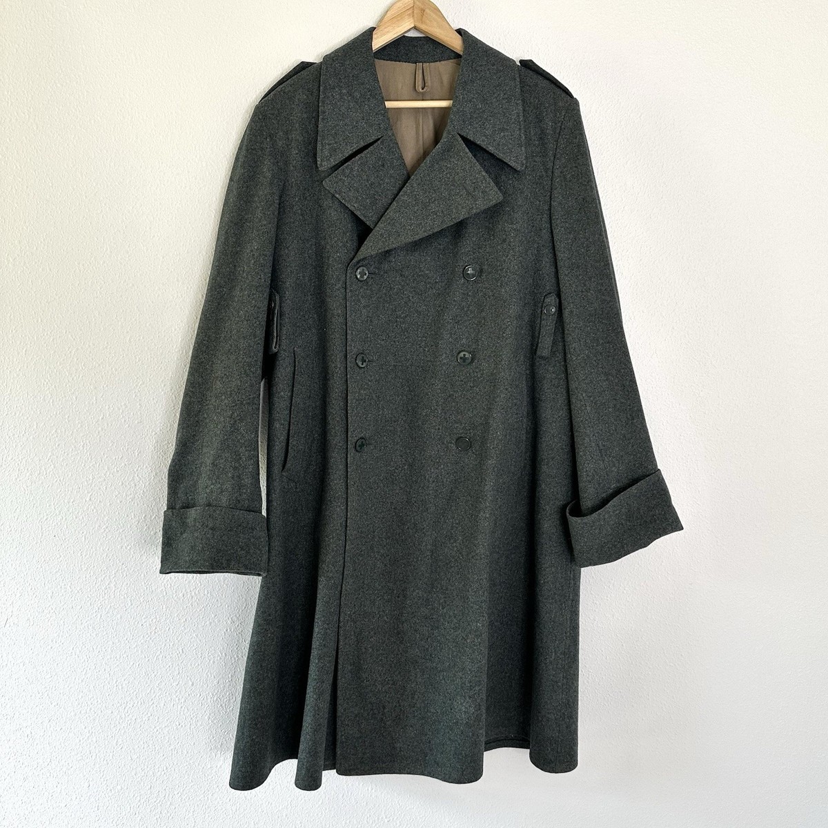 VIntage Swiss Wool Double Breasted Trench Coat Army Military 46N
