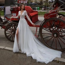V-Neck A-Line Wedding Dresses Lace Appliques Bridal Gown High Side Split Backles