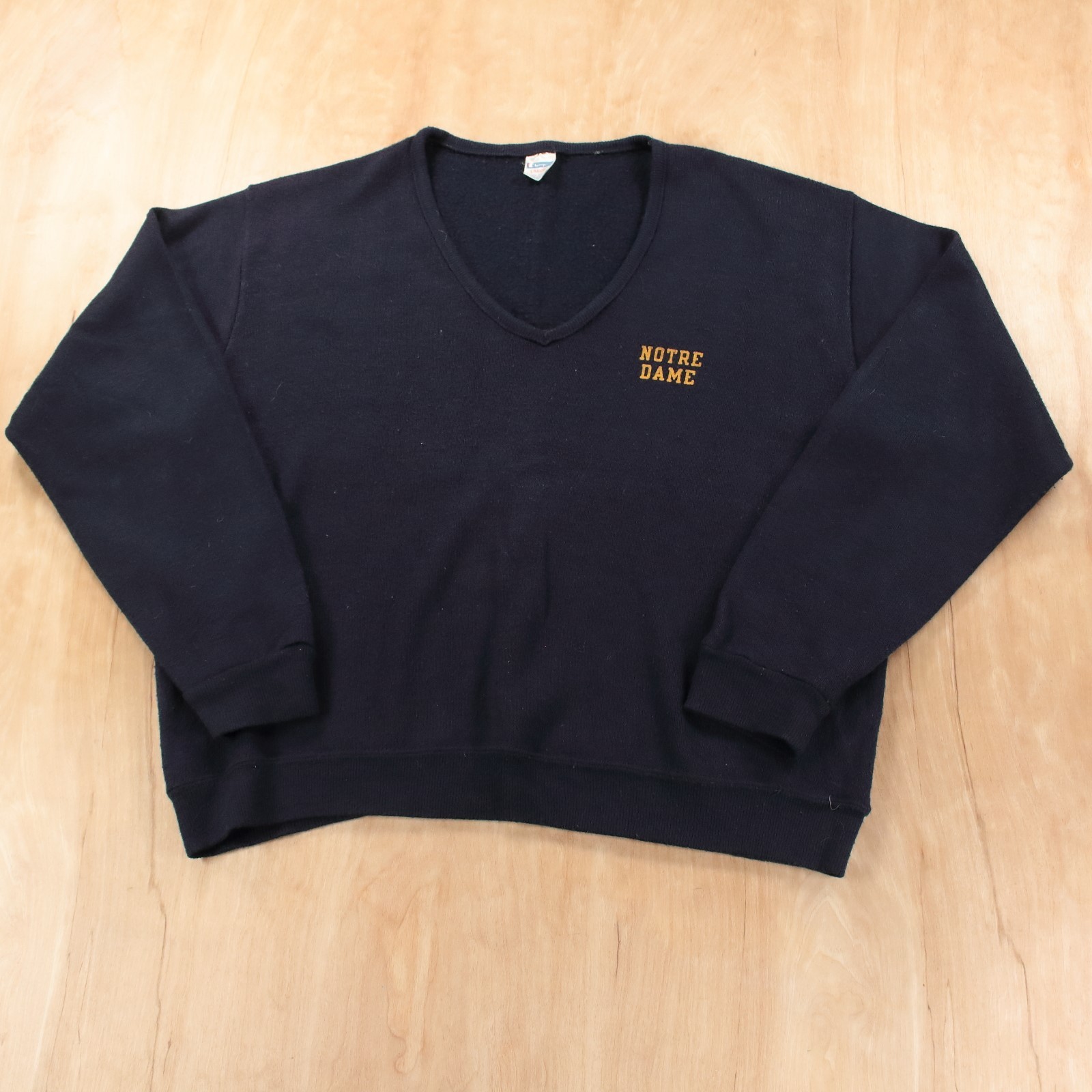 vtg Champion blue bar v-neck sweater LARGE notre dame university rayon 