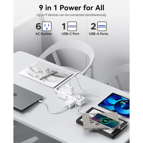 US Power Strip Surge Protector 6 AC Outlets 2 USB Ports + Type C Port 5 FT Cable - Picture 9 of 12