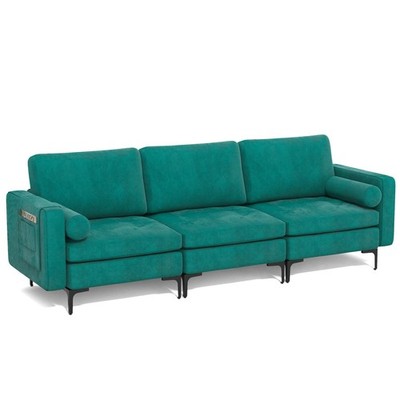 Modern Modular 3-Seat Sofa Couch w/ Metal Leg Peacock & Side Storage Pocket Teal
