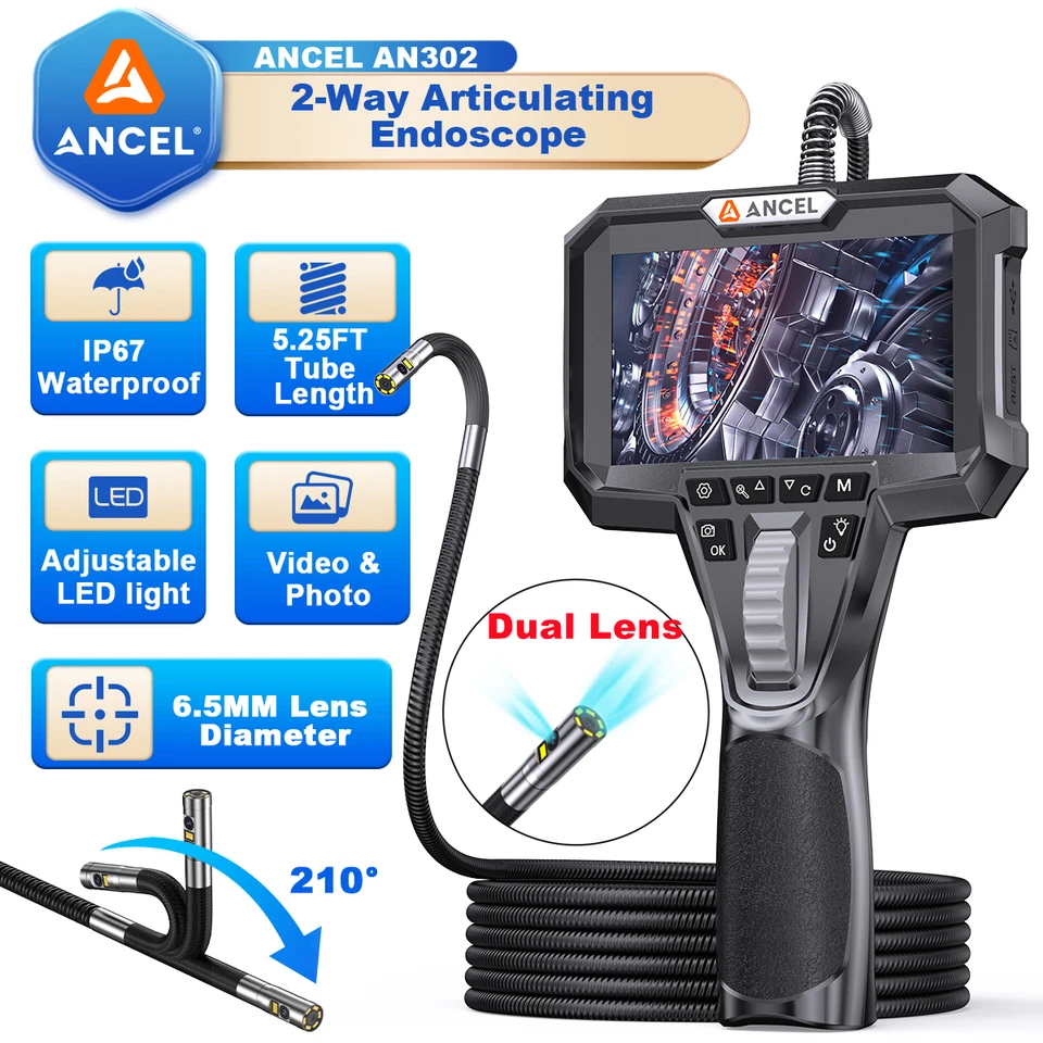 RALCAM 4.3" LCD Dual Lens Endoscope Camera with Screen Borescope Inspection Camera 210°