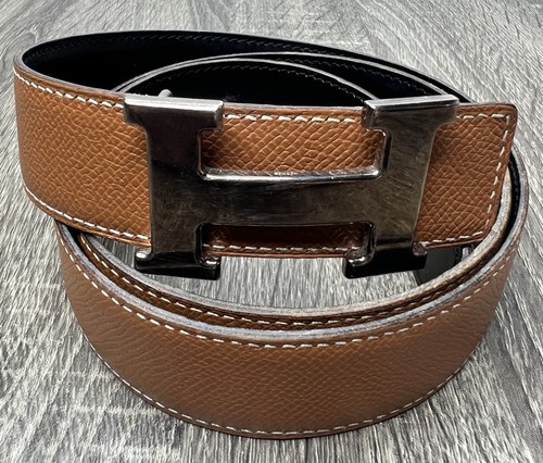 Hermes H Gürtel Silber Schnalle Wende Unisex 32 mm Noir Schwarz / Braun Größe 90