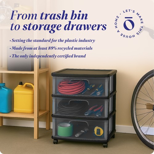 Homz Tall Solid Plastic 3 Drawer Medium Storage Cart with Caster Wheels, Black - Picture 7 of 10