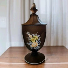 Vtg Westmoreland Covered Pedestal Candy Dish Floral Bouquet Brown Satin Mist EC 