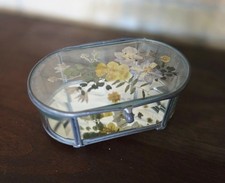 Oval Beveled Glass Trinket Or Jewelry Box with Pressed Yellow Flowers. Vintage