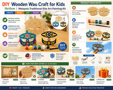 DIY Wooden Wau Art Craft Kit for Kids 15x15cm Malaysia Painting Craft Set Gift