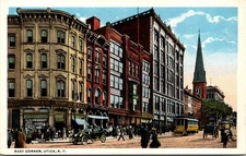 Postcard NY Utica Busy Corner Woolworth Church Streetcar Cigar Store 1915 V126