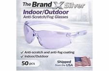 50 Pack Brand X Silver Safety Glasses Anti-Fog/Anti-Scratch Indoor/Outdoor