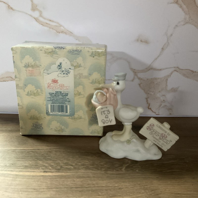 1994 Precious Moments It's a Boy with Box #529788 Stork With Baby Sam