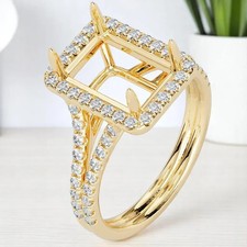 18K Yellow Gold Over Diamond Semi Mount Ring Setting For 9x7mm Emerald Radiant