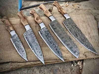 HANDMADE HAND FORGED 5PCS DAMASCUS STEEL KITCHEN CHEF KNIFE SET WITH ROLL BAG