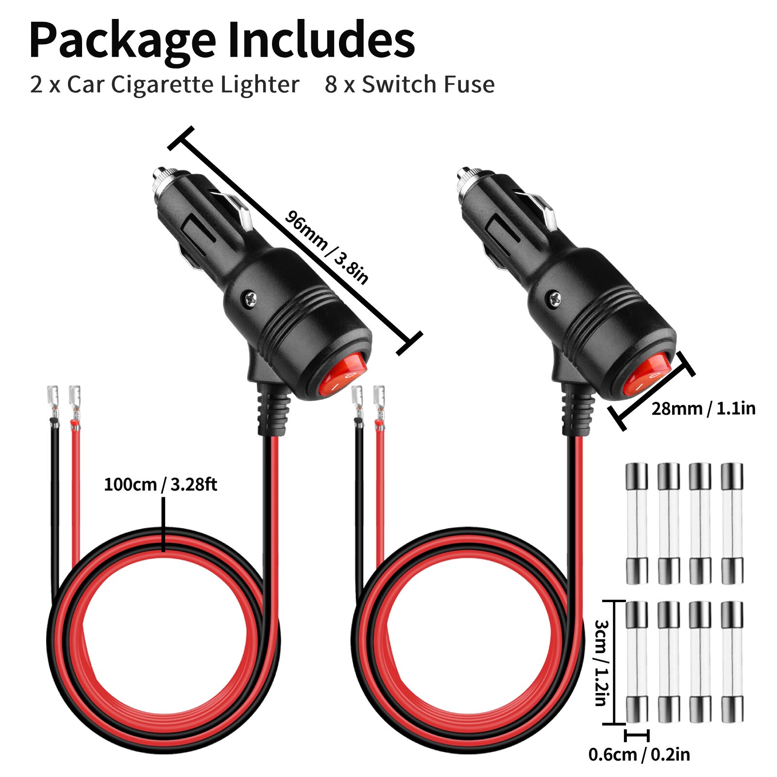 2PCS 12V Cigarette Lighter Plug Extension Cord Cable 3.3ft Fused On/Off Switch