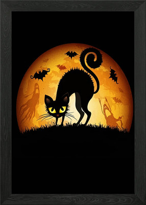 Halloween schwarze Katze und Vollmond gerahmtes Wandbild Poster Leinwanddruck Bild