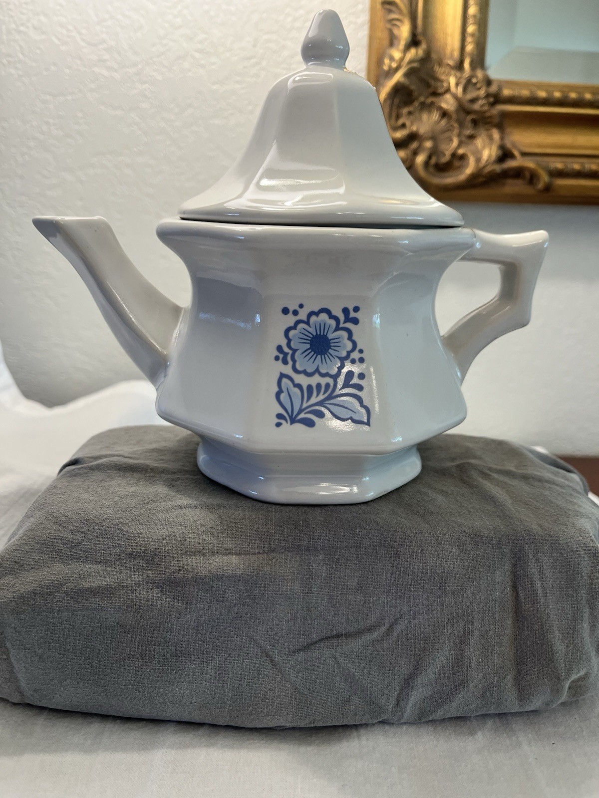 Vintage Avon Ceramic White Teapot with Blue Floral Flowers Pattern & Lid