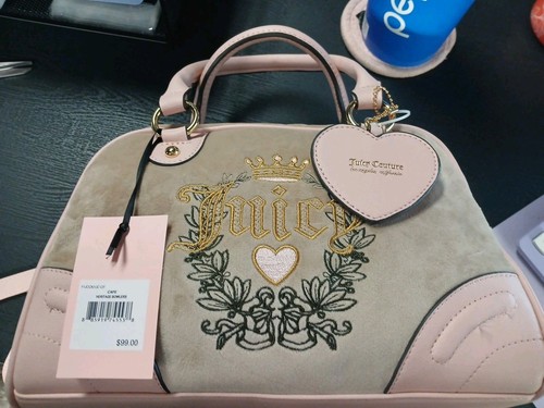 Juicy Couture Bag Tan Velour Cafe Heritage Bowler Satchel Bag Crossbody Purse - Picture 2 of 6