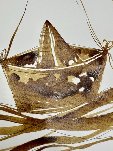 Paper Boat at Sea – 9x12” Original Coffee & Ink Art by Lisa - Picture 3 of 6